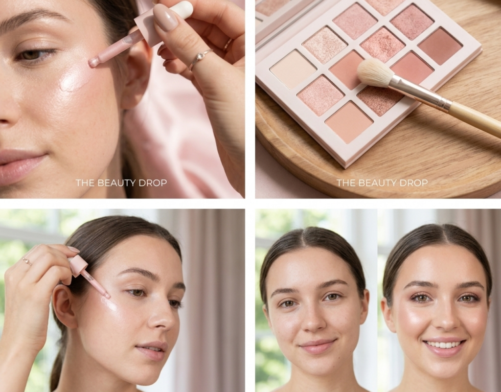 Astuces maquillage The Beauty Drop : application highlighter, palette fards à paupières et avant-après glowy.