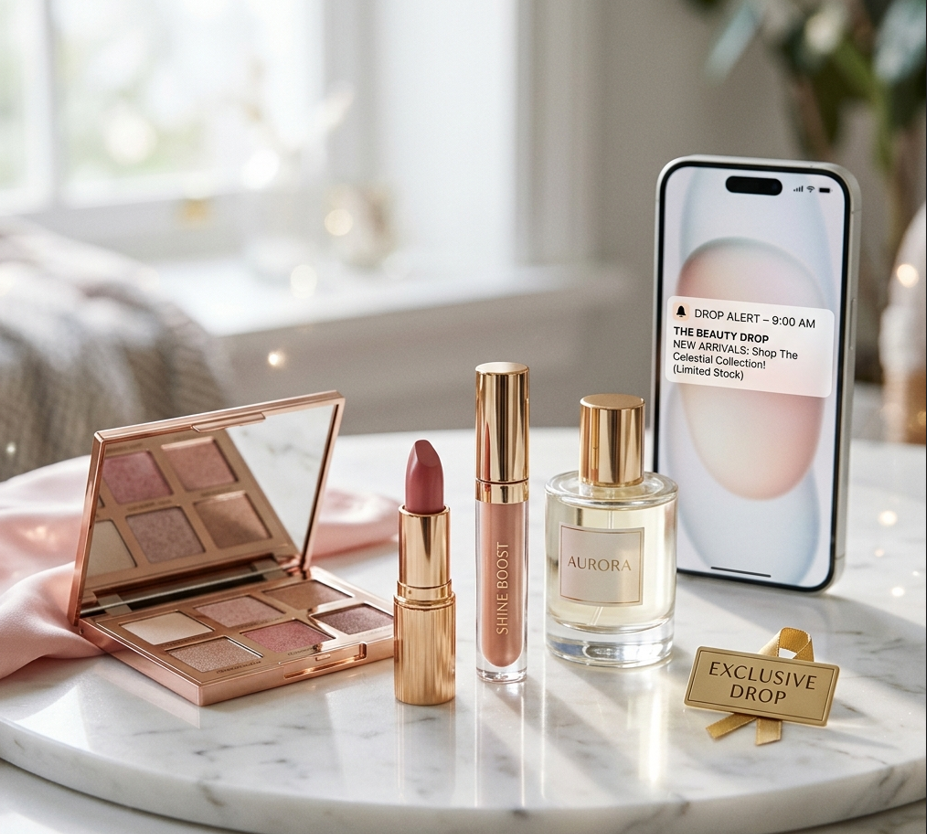 "Aesthetic beauty setup by The Beauty Drop featuring pink gold eyeshadow palette, nude lipstick, and luxury perfume on marble. Phone screen showing exclusive drop notification for the 14-38 beauty community."