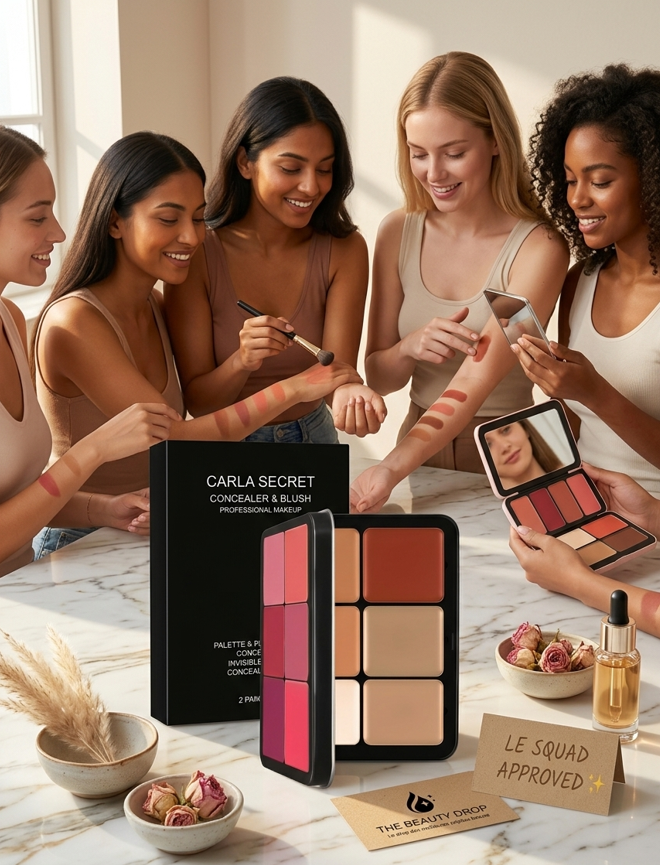 Groupe de jeunes femmes testant la palette de correcteurs et blush Carla Secret sur leurs bras, avec le logo The Beauty Drop sur la table.