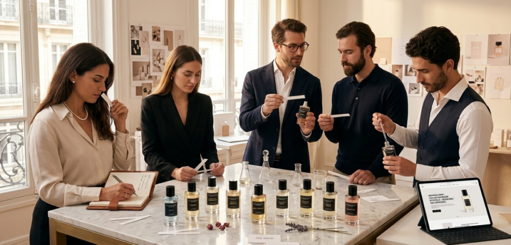 Équipe d'experts testant la Collection Privée de parfums sur une table en marbre pour la boutique The Beauty Drop.