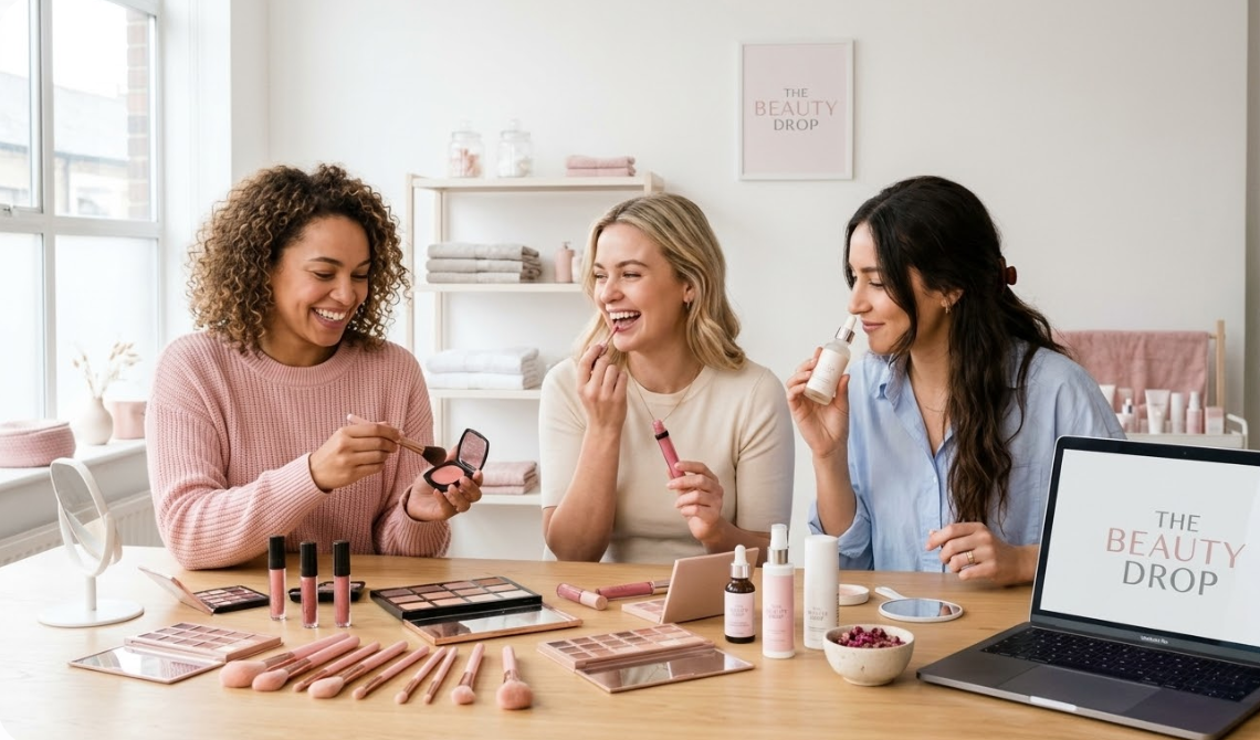 Équipe de The Beauty Drop testant des cosmétiques et accessoires de maquillage dans un studio lumineux.