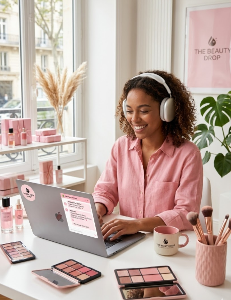Ambassadrice The Beauty Drop avec casque audio répondant aux clientes dans un bureau rempli de cosmétiques.